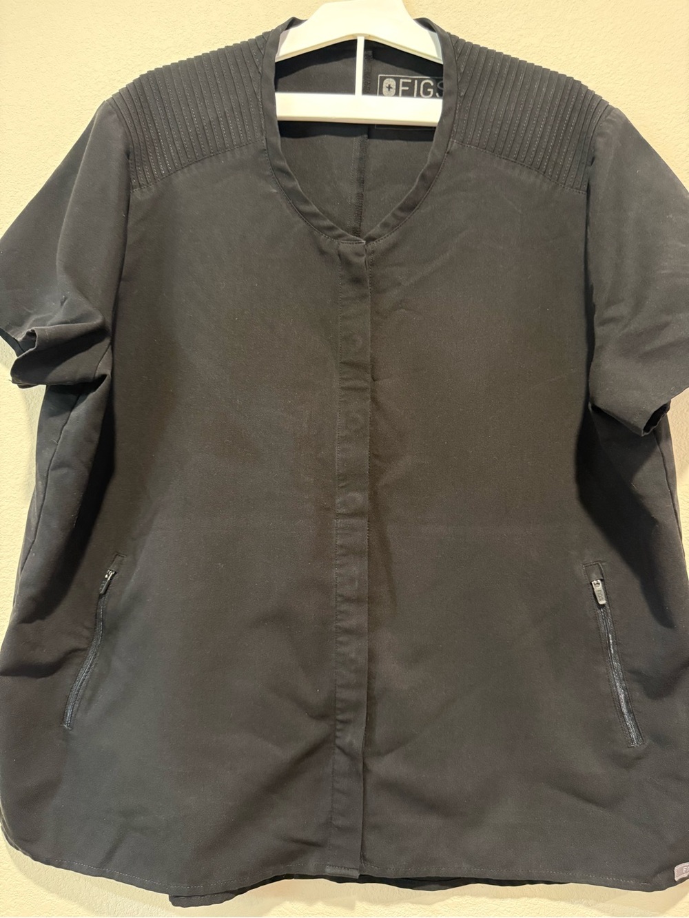 FIGS Black Scrub Top with Ribbed Shoulder Detail